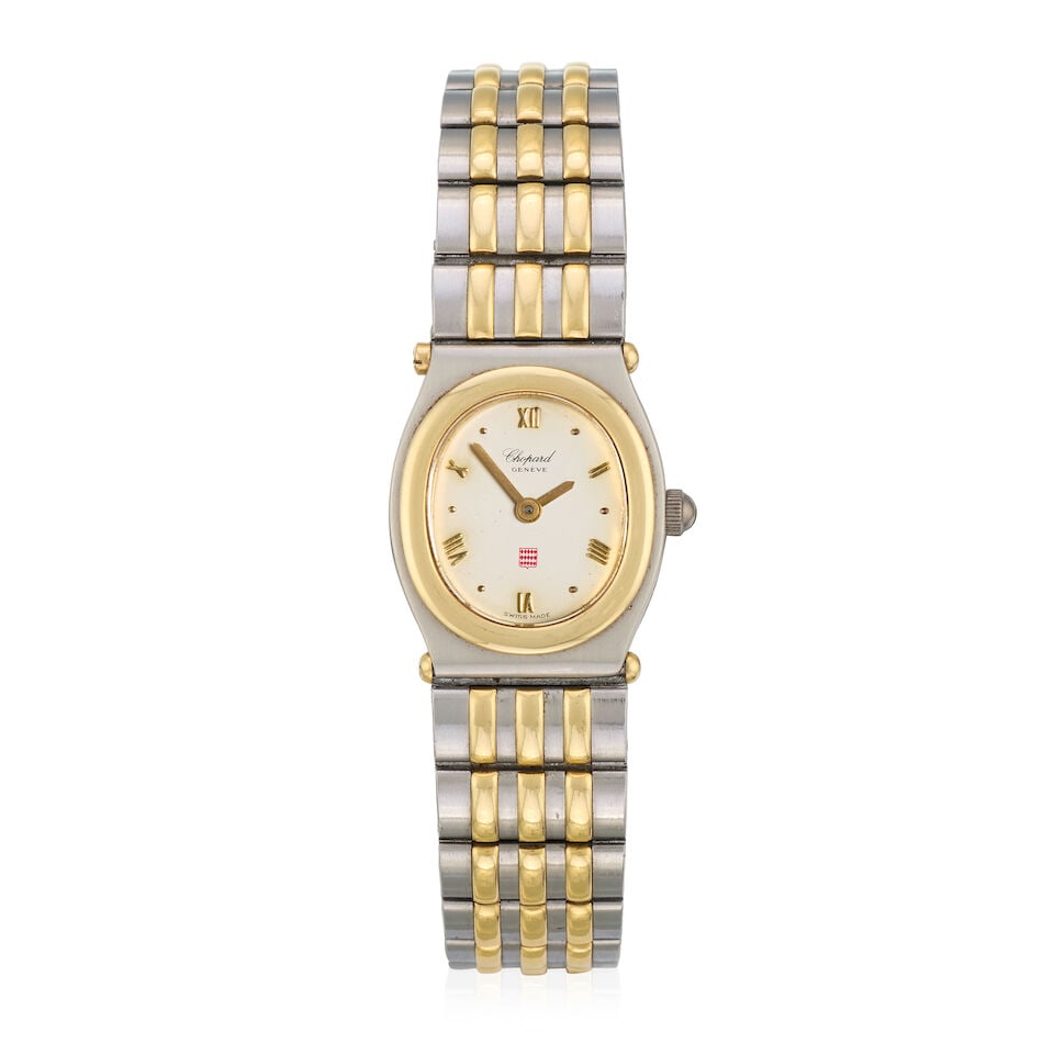 Chopard. A lady's stainless steel and gold quartz bracelet watch Monte-Carlo, Ref: 8034, Circa ...: Chopard. A lady's stainless steel and gold quartz bracelet watch Model: Monte-Carlo Reference: 8034 Date: Circa 1980 Movement: 6-jewel ETA Cal.279.001 quartz Dial: Silvered Case: Brushed and polished 