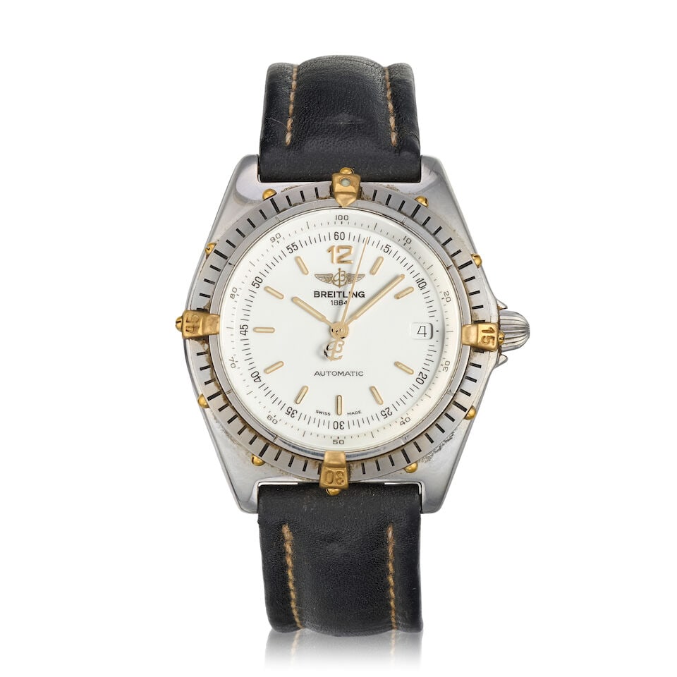 Breitling. A stainless steel and gold automatic calendar wristwatch Antares, Ref: B10047, Circa ...: Breitling. A stainless steel and gold automatic calendar wristwatch Model: Antares Reference: B10047 Date: Circa 2000 Movement: 21-jewel Cal.2892 A2 ETA, No.DM00/2 Dial: White Case: Brushed and