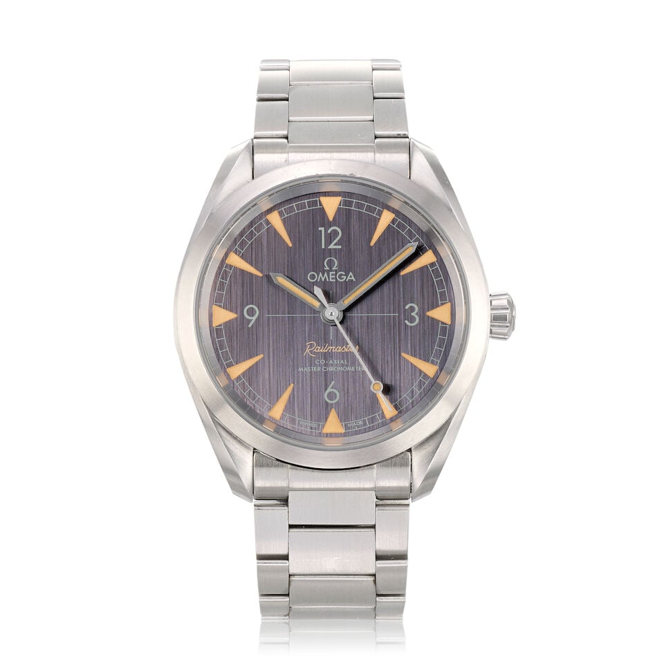 Omega. A stainless steel automatic bracelet watch Railmaster, Ref: 220.10.40.20.01.001, Purchas...: Omega. A stainless steel automatic bracelet watch Model: Railmaster Reference: 220.10.40.20.01.001 Date: Purchased 19th September 2018 Movement: Jewelled Cal.8806 automatic Dial: Textured grey Case: