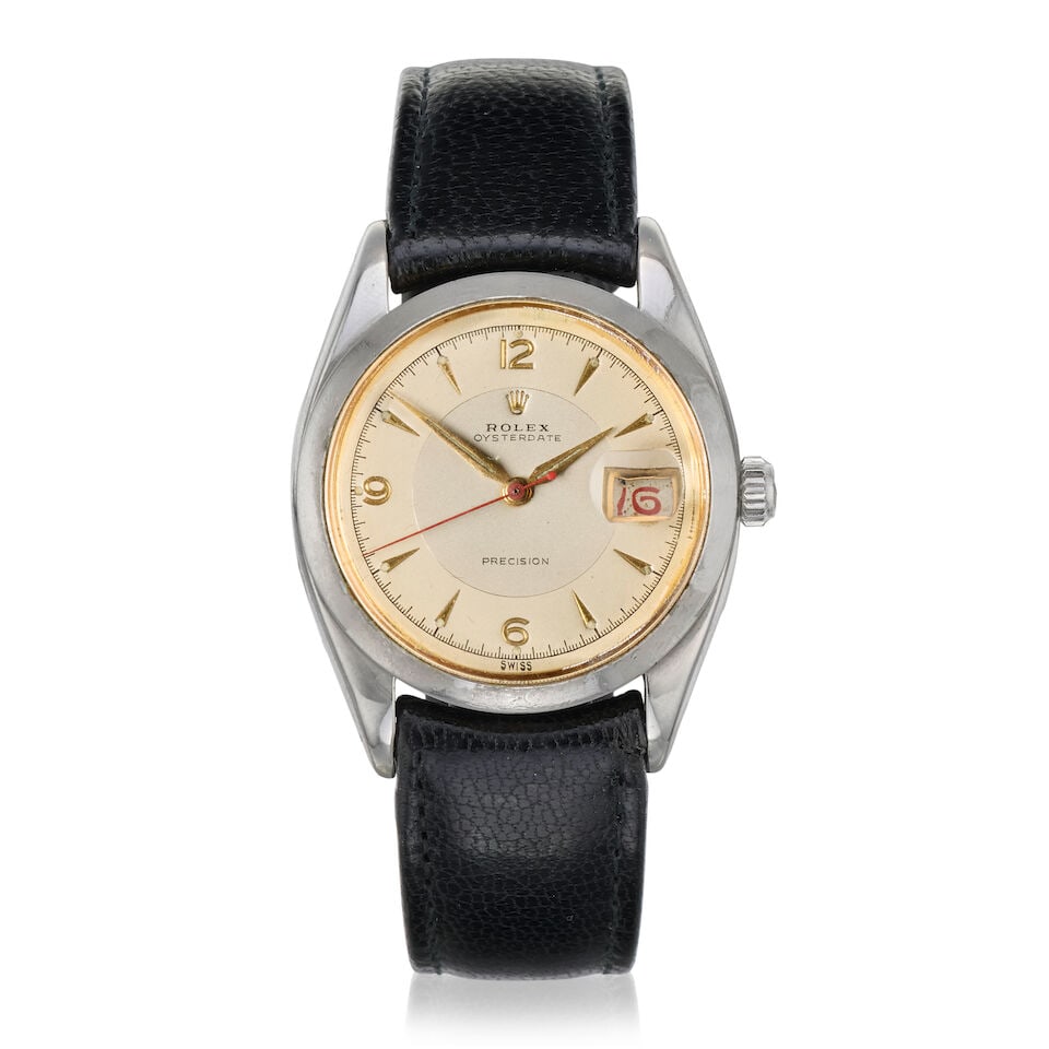 Rolex. A stainless steel manual wind calendar wristwatch with roulette date wheel Oysterdate Pr...: Rolex. A stainless steel manual wind calendar wristwatch with roulette date wheel Model: Oysterdate Precision Reference: 6494 Date: Circa 1956 Movement: 17-jewel Cal.1210 manual wind, No.N24307 Dial: 