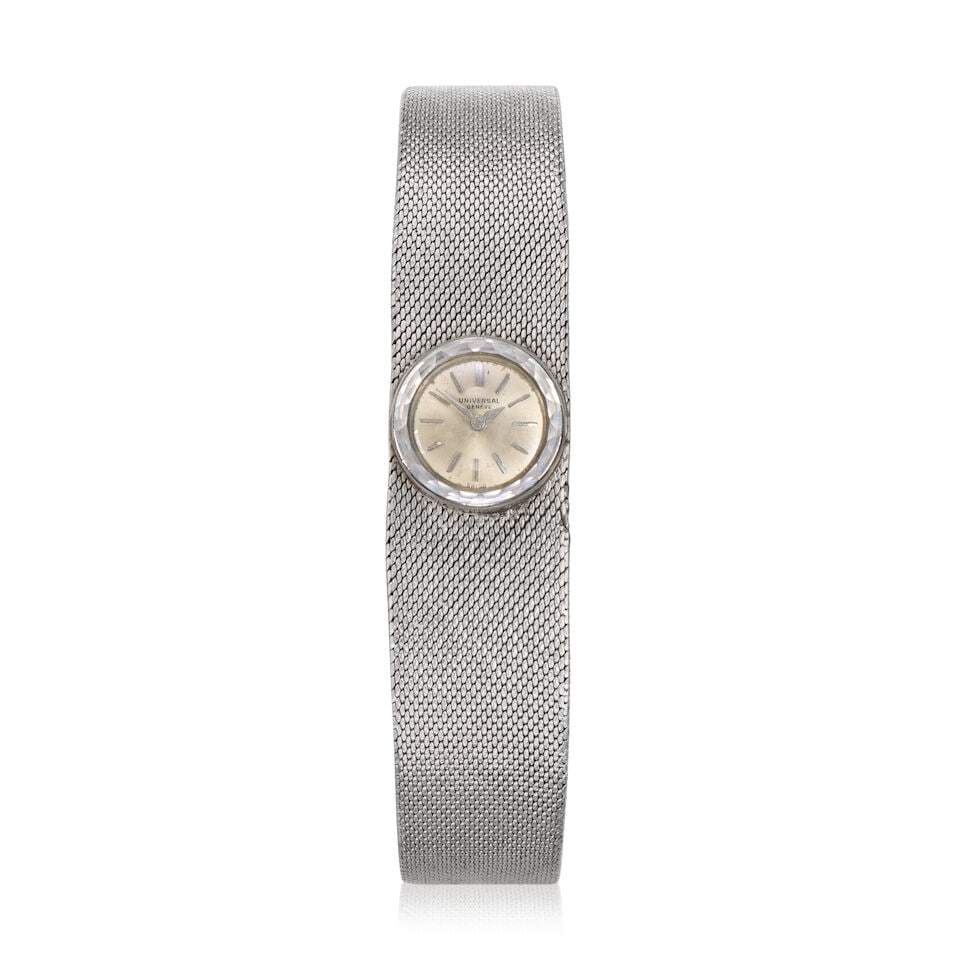 Universal Geneve. A lady's 18K white gold manual wind bracelet watch with continental gold brace... (1 of 3)