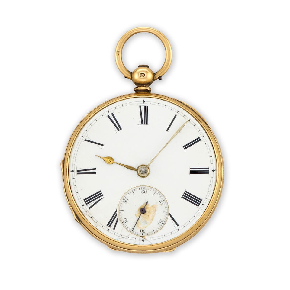 An 18K gold key wind open face pocket watch London Hallmark for 1870: An 18K gold key wind open face pocket watch Date: London Hallmark for 1870 Movement: Gilt full plate, Swiss lever, No.3918 Dial: White Case: Polished consular Size: 44mm For further information on thi