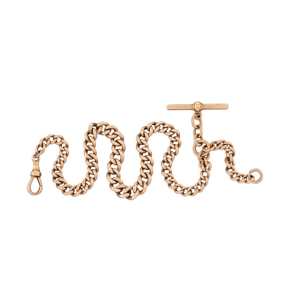 A 9K rose gold pocket watch chain Circa 1900: A 9K rose gold pocket watch chain Date: Circa 1900 Size: 31cm long For further information on this lot please visit Bonhams.com For further information about this lot please