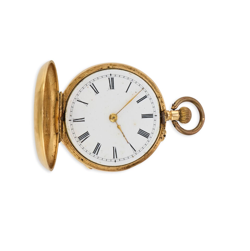 A small 18K gold keyless wind half hunter pocket watch Circa 1890: A small 18K gold keyless wind half hunter pocket watch Date: Circa 1890 Movement: Swiss lever Dial: White Case: Polished hinged, blue Roman numerals to front, monogram to back Size: 33mm For further i