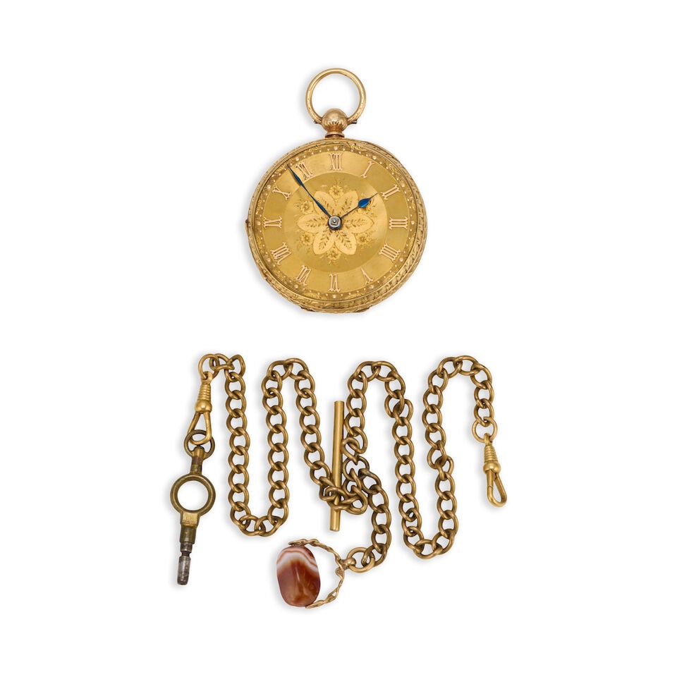 An 18K gold key wind open face pocket watch Chester Hallmark for 1860: An 18K gold key wind open face pocket watch Date: Chester Hallmark for 1860 Movement: Gilt full plate, No.47920 Dial: Champagne Case: Foliate engraved round Size: 41mm Accompaniments: Gilt metal