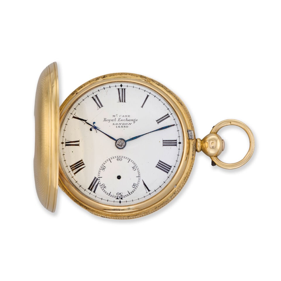James McCabe, Royal Exchange, London. An 18K gold key wind full hunter pocket watch London Hallm...: James McCabe, Royal Exchange, London. An 18K gold key wind full hunter pocket watch Date: London Hallmark for 1838 Movement: English lever, No.15330 Dial: White, No.15330 Case: Engine turned