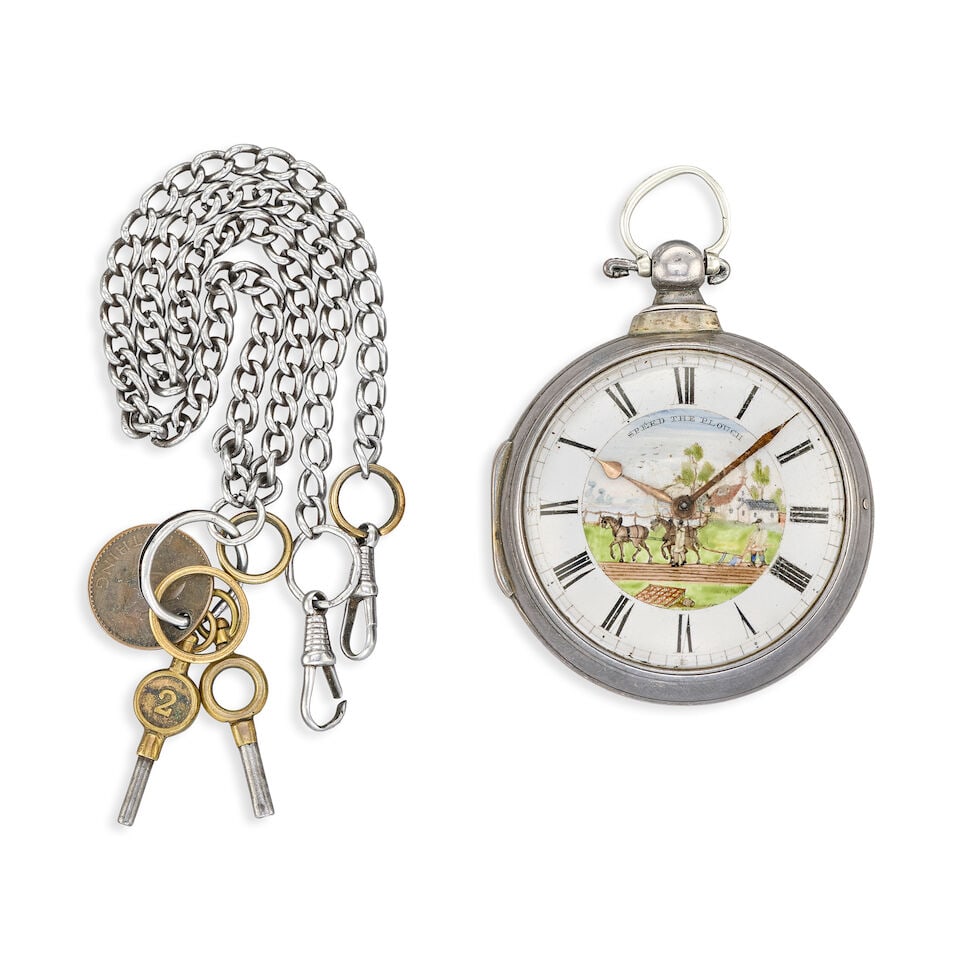 B.Blew, London. A silver key wind open face pair case pocket watch Birmingham Hallmark for 1835: B.Blew, London. A silver key wind open face pair case pocket watch Date: Birmingham Hallmark for 1835 Movement: Gilt full plate, fusee verge, No.9767 Dial: White with ploughing scene to centre Case: