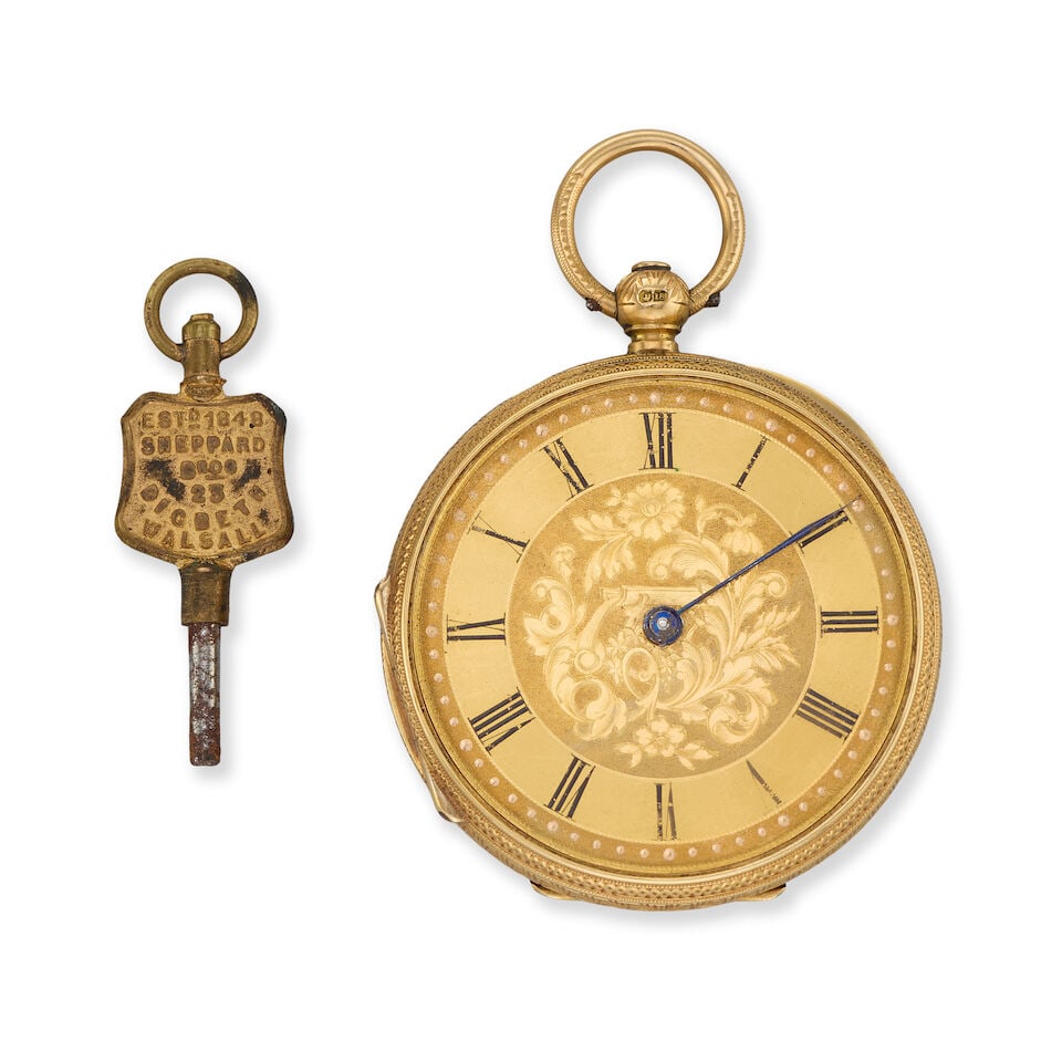 H.J. Norris, Coventry. An 18K gold key wind open face pocket watch London Hallmark for 1909: H.J. Norris, Coventry. An 18K gold key wind open face pocket watch Date: London Hallmark for 1909 Movement: Swiss lever, No.37562 Dial: Champagne with foliate engraved centre Case: Foliate engraved