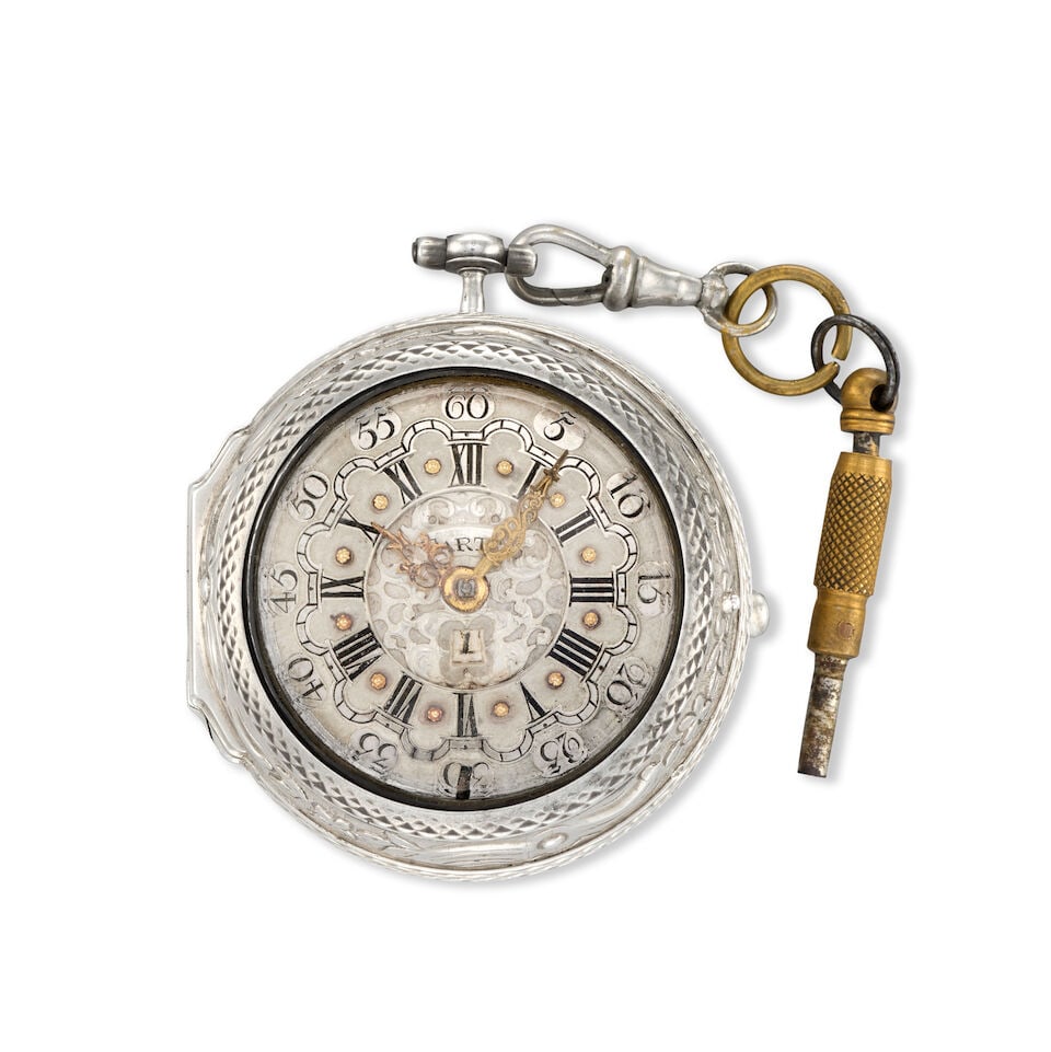 Tarts, London. A silver key wind open face pair case repoussé pocket watch with calendar Lo...: Tarts, London. A silver key wind open face pair case repoussé pocket watch with calendar Date: London Hallmark for 1763 Movement: Gilt full plate fusee verge, pierced and engraved balance cock,