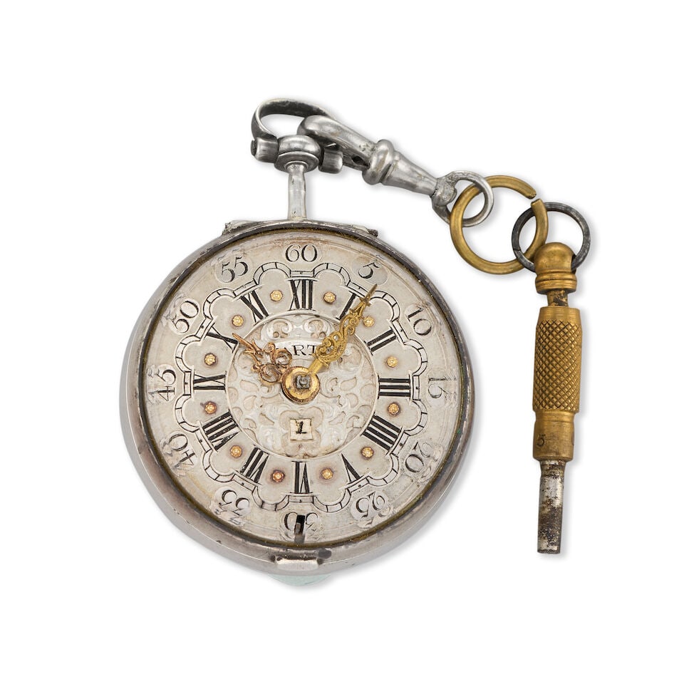 Tarts, London. A silver key wind open face pair case repoussé pocket watch with calendar Lo... - 2