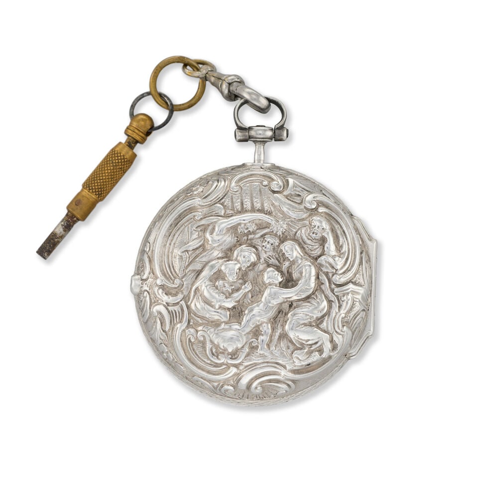 Tarts, London. A silver key wind open face pair case repoussé pocket watch with calendar Lo... - 3