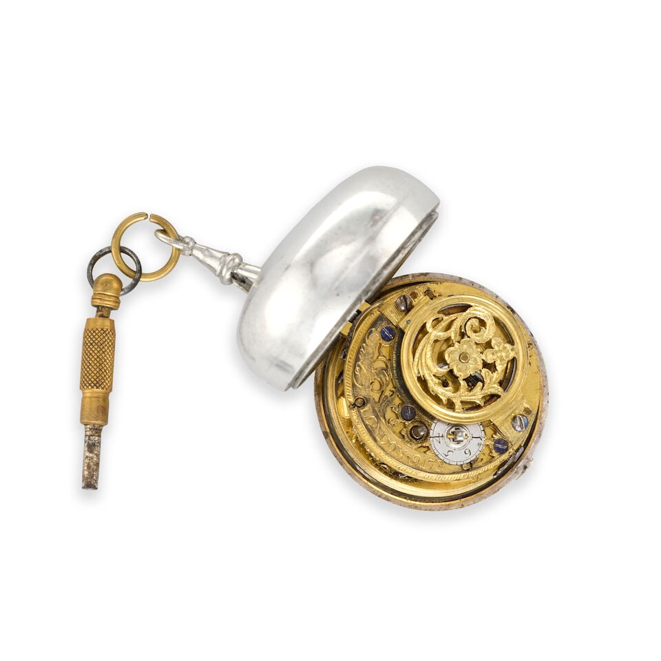 Tarts, London. A silver key wind open face pair case repoussé pocket watch with calendar Lo... - 4
