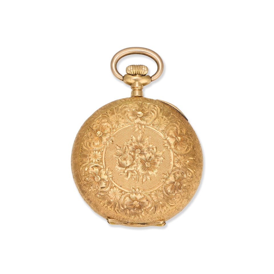 An 18K gold keyless wind full hunter pocket watch with continental gold chain Circa 1900 - 2