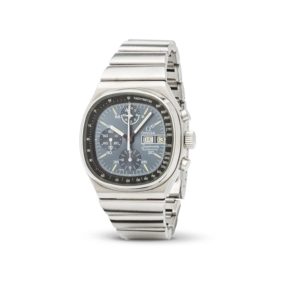 Omega. A stainless steel automatic calendar chronograph bracelet watch Omega. Chronographe brace...: Omega. A stainless steel automatic calendar chronograph bracelet watch Omega. Chronographe bracelet en acier avec date mouvement automatique Model: Speedmaster IV Reference: 176.0014 / 376.0805 Date: