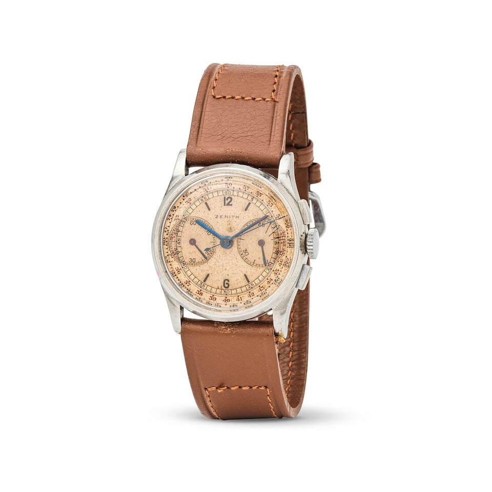 Zenith. A staybrite steel manual wind chronograph wristwatch Zenith. Chronographe bracelet en m&...: Zenith. A staybrite steel manual wind chronograph wristwatch Zenith. Chronographe bracelet en métal staybrite mouvement mécanique Date: Circa 1940 Movement: 17-jewel Cal.136 manual wind Dial