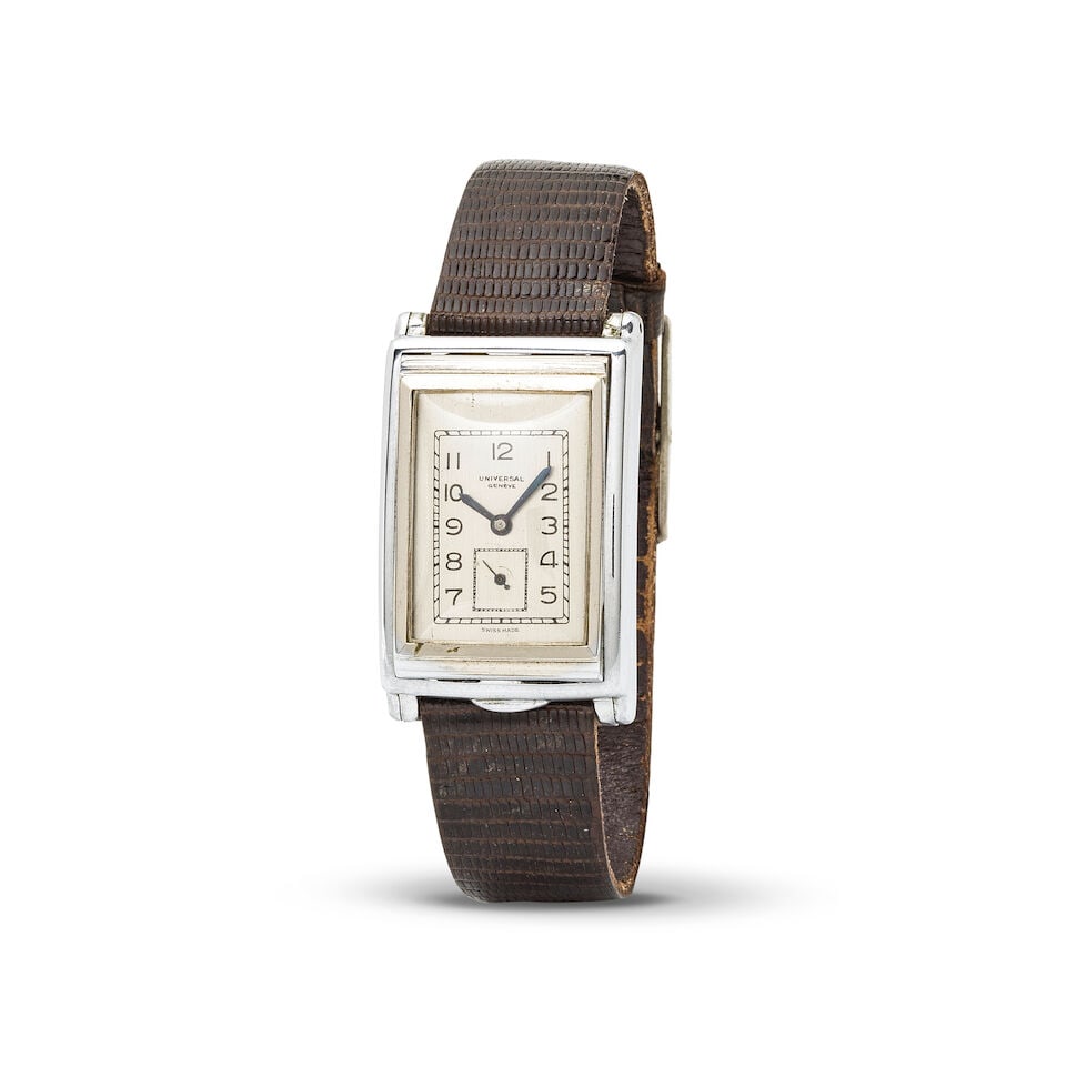 Universal Genève. A nickel chrome plated automatic rectangular wristwatch with 'Auto-Rem' C...: Universal Genève. A nickel chrome plated automatic rectangular wristwatch with 'Auto-Rem' Calibre Universal Genève. Montre bracelet de forme rectangulaire en nickel plaqué chrome mouvem