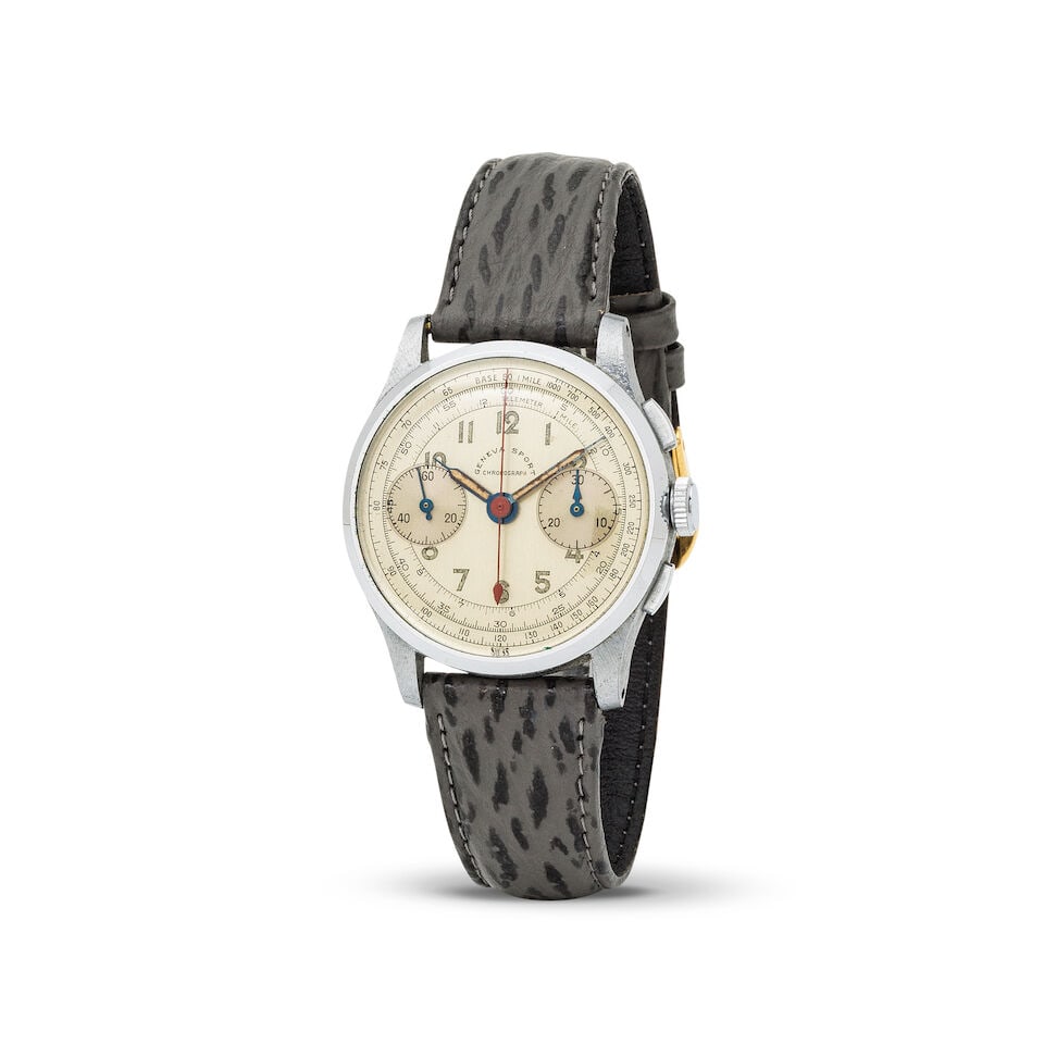 Geneva Sport. A steel and metal manual wind chronograph wristwatch Geneva Sport. Chronographe br...: Geneva Sport. A steel and metal manual wind chronograph wristwatch Geneva Sport. Chronographe bracelet en métal et acier mouvement mécanique Date: Circa 1950 Movement: 17-jewel manual wind D