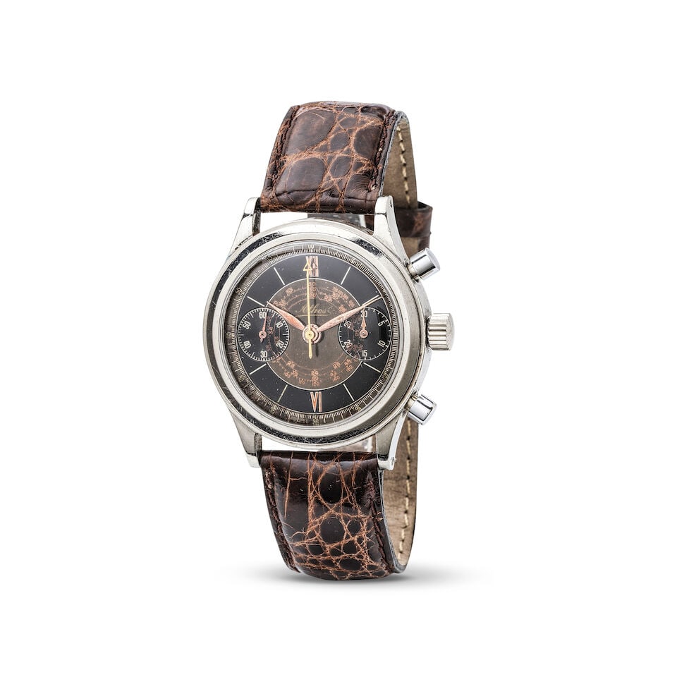 Athos. A stainless steel manual wind chronograph wristwatch Athos. Chronographe bracelet en acie...: Athos. A stainless steel manual wind chronograph wristwatch Athos. Chronographe bracelet en acier mouvement mécanique Date: Circa 1950 Movement: Jewelled manual wind Dial: Black, signed Case: Pol