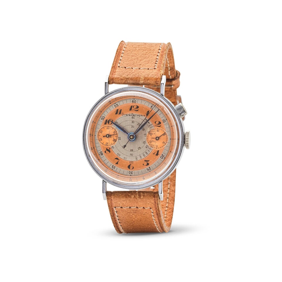 Girard Perregaux. A chromed plated manual wind single button chronograph wristwatch Girard Perre...: Girard Perregaux. A chromed plated manual wind single button chronograph wristwatch Girard Perregaux. Chronographe bracelet monopoussoir en plaqué chrome et acier mouvement mécanique Date: C