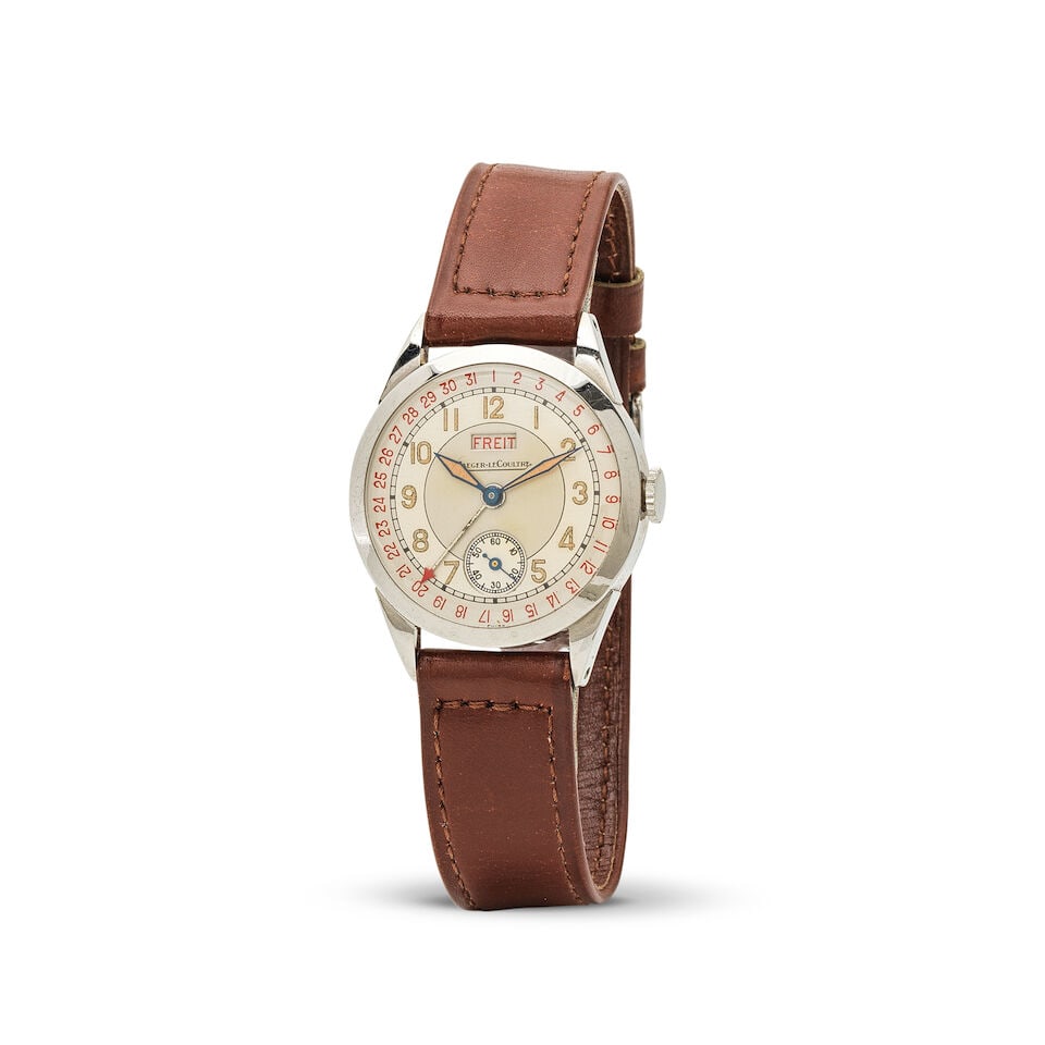 Jaeger-LeCoultre. A steel and staybrite manual wind calendar wristwatch Jaeger-LeCoultre. Montre...: Jaeger-LeCoultre. A steel and staybrite manual wind calendar wristwatch Jaeger-LeCoultre. Montre bracelet en staybrite et acier avec date mouvement mécanique Date: Circa 1930 Movement: Jewelled m