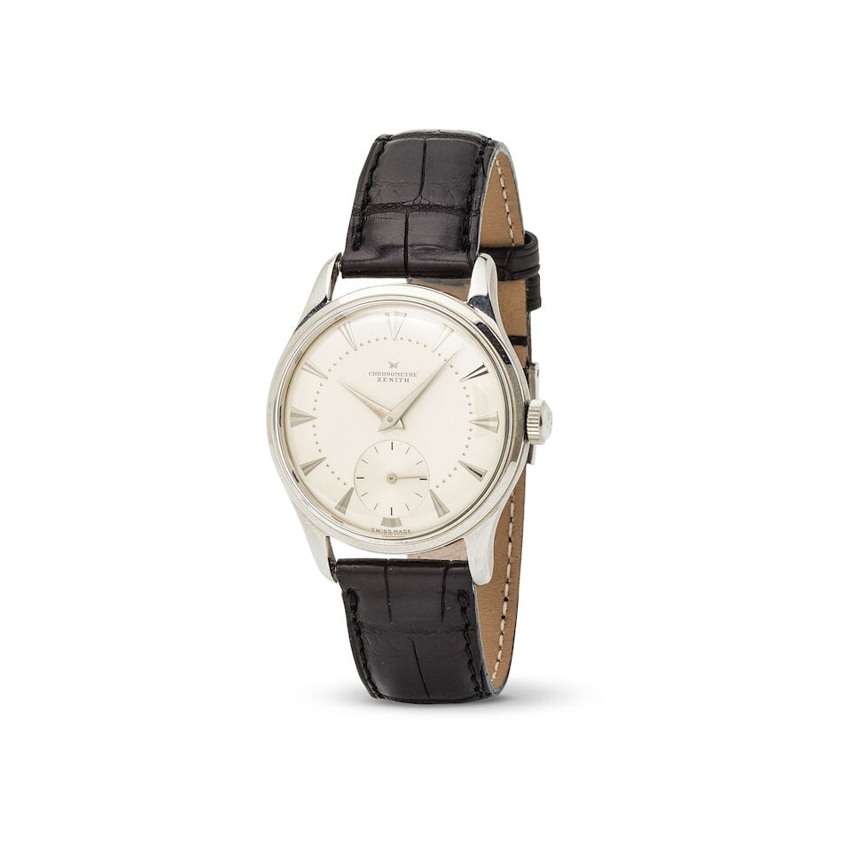 Zenith. A stainless steel manual wind wristwatch Zenith. Montre bracelet en acier mouvement m...: Zenith. A stainless steel manual wind wristwatch Zenith. Montre bracelet en acier mouvement mécanique Date: Circa 1950 Movement: 19-jewel Cal.135 manual wind, No.4743193 Dial: Silvered, signed Ca