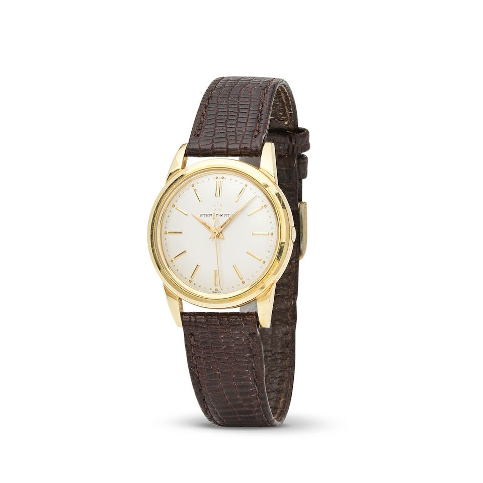 Eterna. A gold filled automatic wristwatch Eterna. Montre bracelet en plaqué mouvement auto...: Eterna. A gold filled automatic wristwatch Eterna. Montre bracelet en plaqué mouvement automatique Date: Circa 1970 Movement: Jewelled automatic Dial: Silvered, signed Case: Polished round, screw