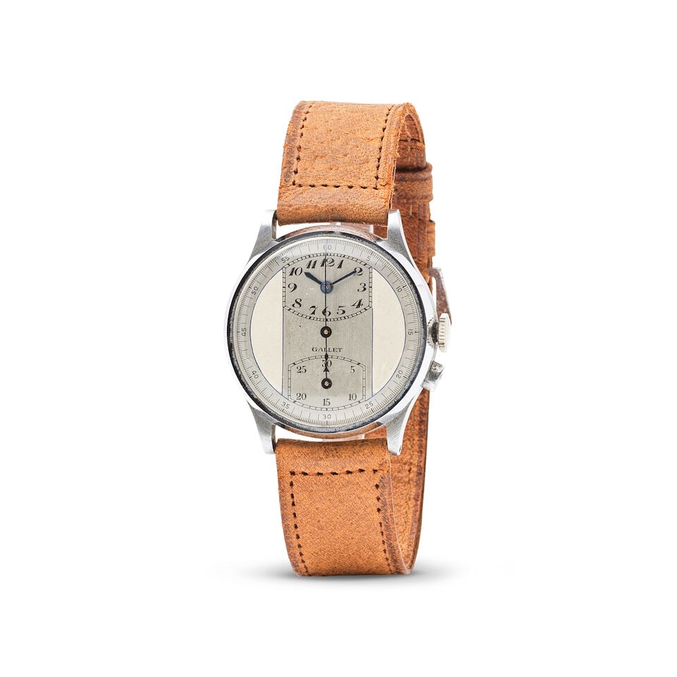Gallet. A nickel finished and steel manual wind single pusher chronograph wristwatch Gallet. Chr...: Gallet. A nickel finished and steel manual wind single pusher chronograph wristwatch Gallet. Chronographe bracelet monopoussoir en métal et plaqué chrome mouvement mécanique Date: Circa