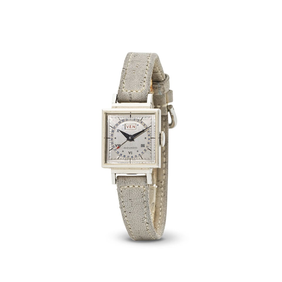 Movado. A lady's stainless steel manual wind calendar square wristwatch Movado. Montre bracelet ...: Movado. A lady's stainless steel manual wind calendar square wristwatch Movado. Montre bracelet de dame de forme carrée en acier avec date mouvement mécanique Reference: 13025 Date: Circa 19