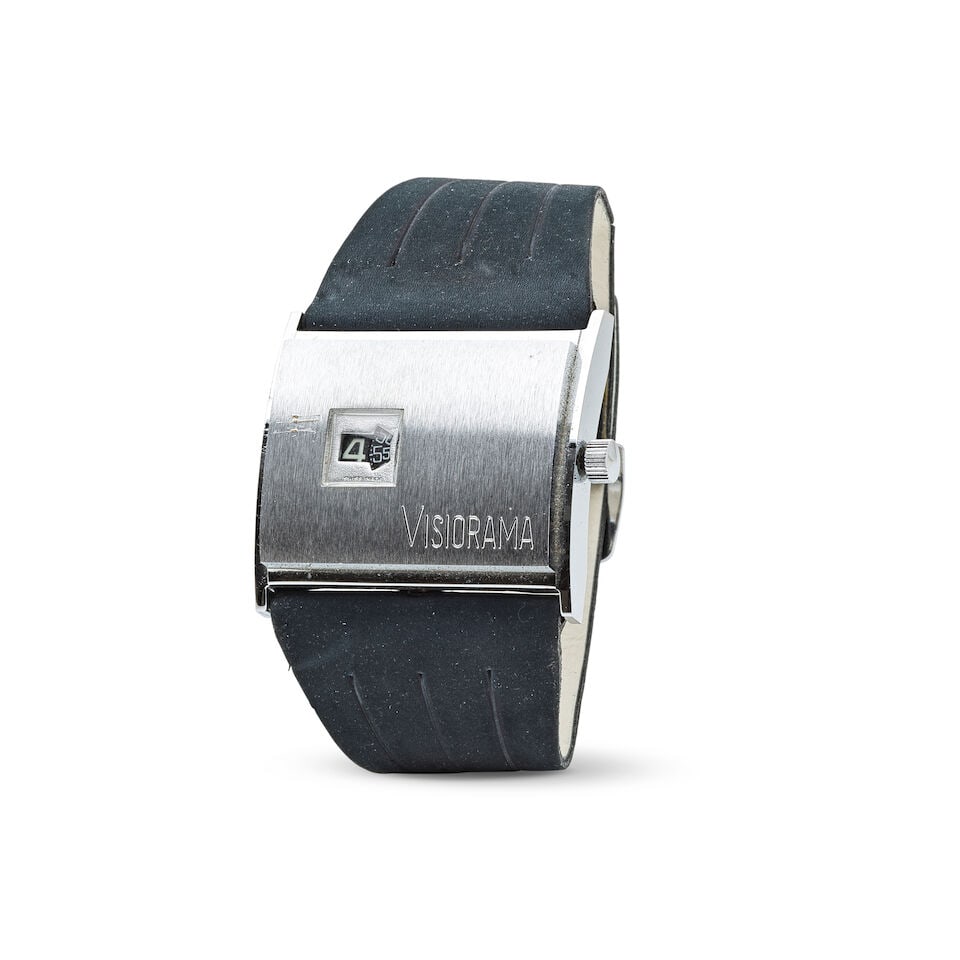 Visiorama. A large stainless steel and metal manual wind rectangular jump hour wristwatch Visior...: Visiorama. A large stainless steel and metal manual wind rectangular jump hour wristwatch Visiorama. Grande montre bracelet rectangulaire en métal et acier avec heure sautante mouvement méca