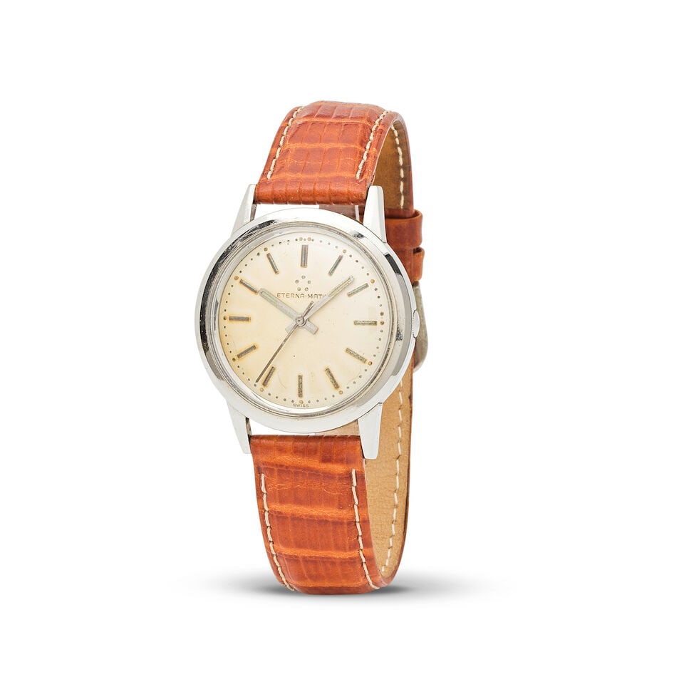 Eterna. A stainless steel automatic wristwatch Eterna. Montre bracelet en acier mouvement automa...: Eterna. A stainless steel automatic wristwatch Eterna. Montre bracelet en acier mouvement automatique Model: Eterna-Matic Date: Circa 1960 Movement: Jewelled Cal.1420 automatic, No.4284106 Dial: Silve