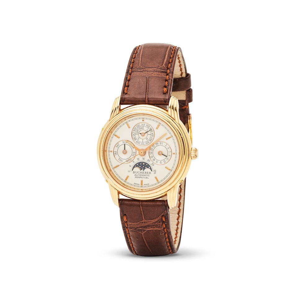 Bucherer. An 18K rose gold automatic perpetual calendar wristwatch with moon phase Bucherer. Mon...: Bucherer. An 18K rose gold automatic perpetual calendar wristwatch with moon phase Bucherer. Montre bracelet en or rose 18K (750) avec calendrier perpétuel et phases de lune mouvement automatique