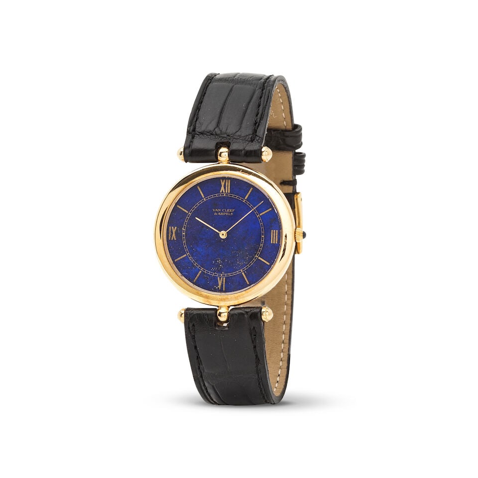 Piaget for Van Cleef & Arpels. An 18K gold manual wind wristwatch with lapis lazuli dial Piaget ...: Piaget for Van Cleef & Arpels. An 18K gold manual wind wristwatch with lapis lazuli dial Piaget pour Van Cleef & Arpels. Montre bracelet en or jaune 18K (750) cadran lapis-lazuli mouvement mécani