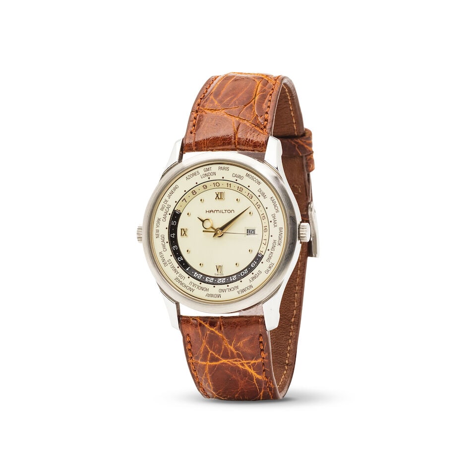 Hamilton. A stainless steel quartz World Time wristwatch Hamilton. Montre bracelet World Time en...: Hamilton. A stainless steel quartz World Time wristwatch Hamilton. Montre bracelet World Time en acier mouvement quartz Model: World Timer Reference: 8984 Date: Circa 1990 Movement: 26-jewel ETA