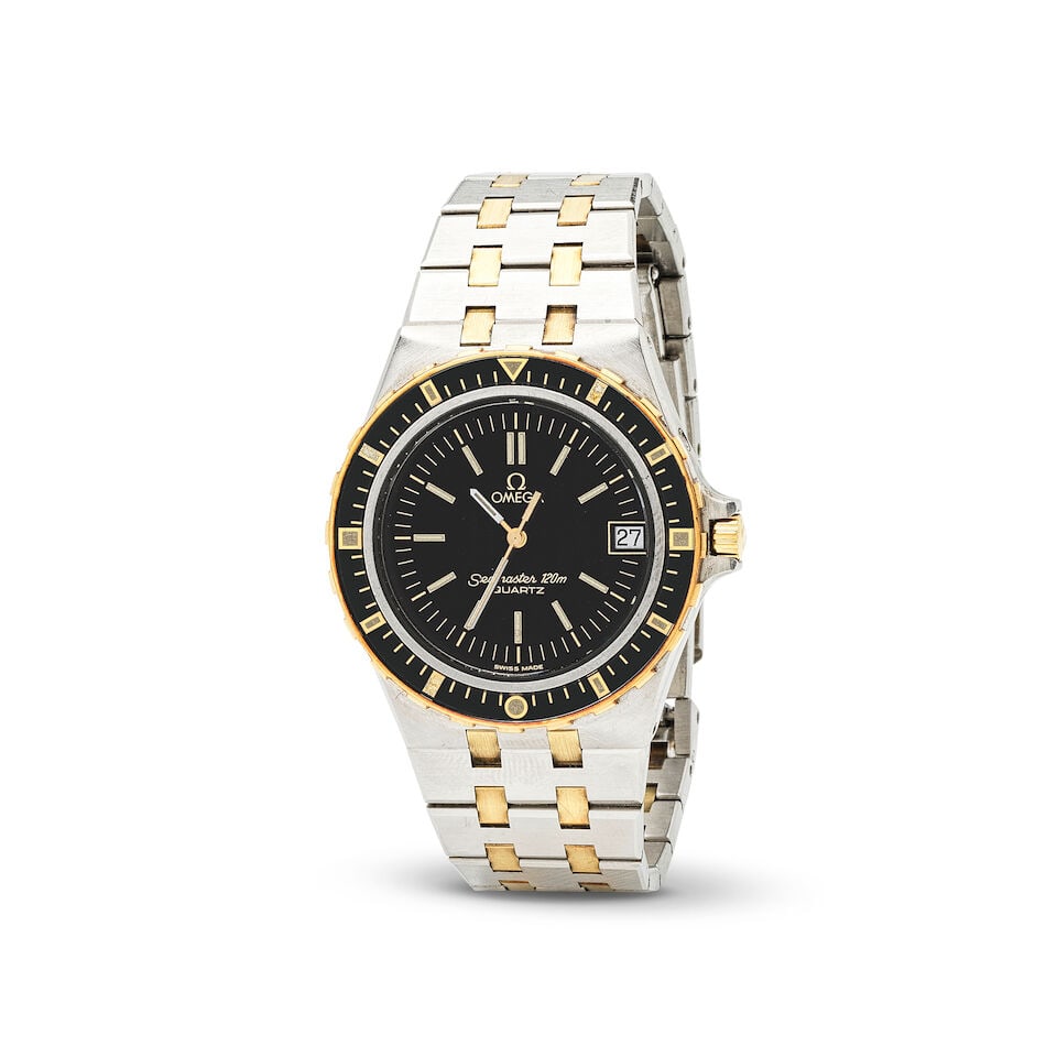 Omega. A steel and gold plated quartz calendar bracelet watch Omega. Montre bracelet en plaqu...: Omega. A steel and gold plated quartz calendar bracelet watch Omega. Montre bracelet en plaqué or et acier avec date mouvement quartz Model: Seamaster 120 'Jacques Mayol' Reference: 196.0185 Date