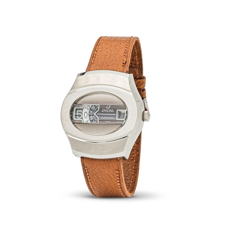 Enicar. A stainless steel automatic jumping hour calendar wristwatch Enicar. Montre bracelet en ...: Enicar. A stainless steel automatic jumping hour calendar wristwatch Enicar. Montre bracelet en acier avec date et heures sautantes mouvement automatique Date: Circa 1970 Movement: 17-jewel automatic