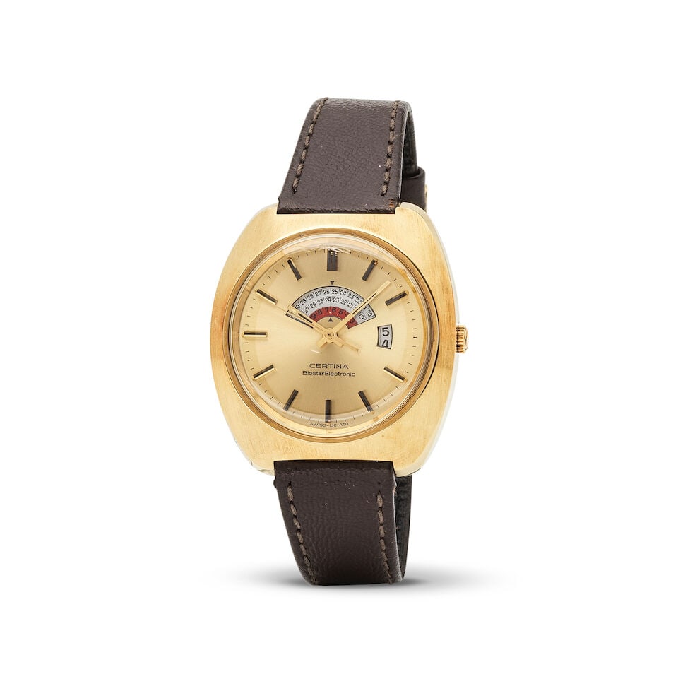 Certina. An unusual gold plated electronic calendar wristwatch with biorythm display Certina. Mo...: Certina. An unusual gold plated electronic calendar wristwatch with biorythm display Certina. Montre bracelet plaqué or avec date et indication des biorythmes mouvement électronique Model: B