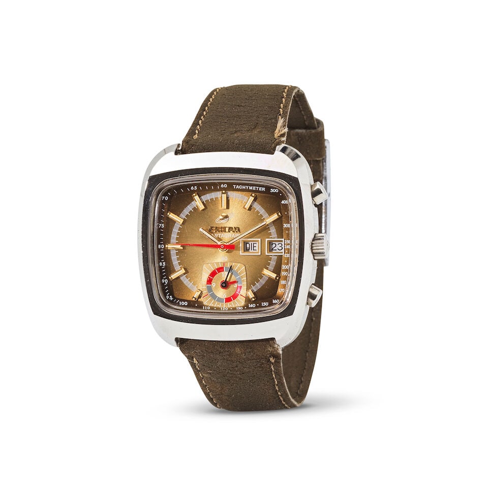 Enicar. A stainless steel automatic calendar chronograph wristwatch Enicar. Chronographe bracele...: Enicar. A stainless steel automatic calendar chronograph wristwatch Enicar. Chronographe bracelet en acier avec date mouvement automatique Model: Mantagraph Date: Circa 1970 Movement: Jewelled manual