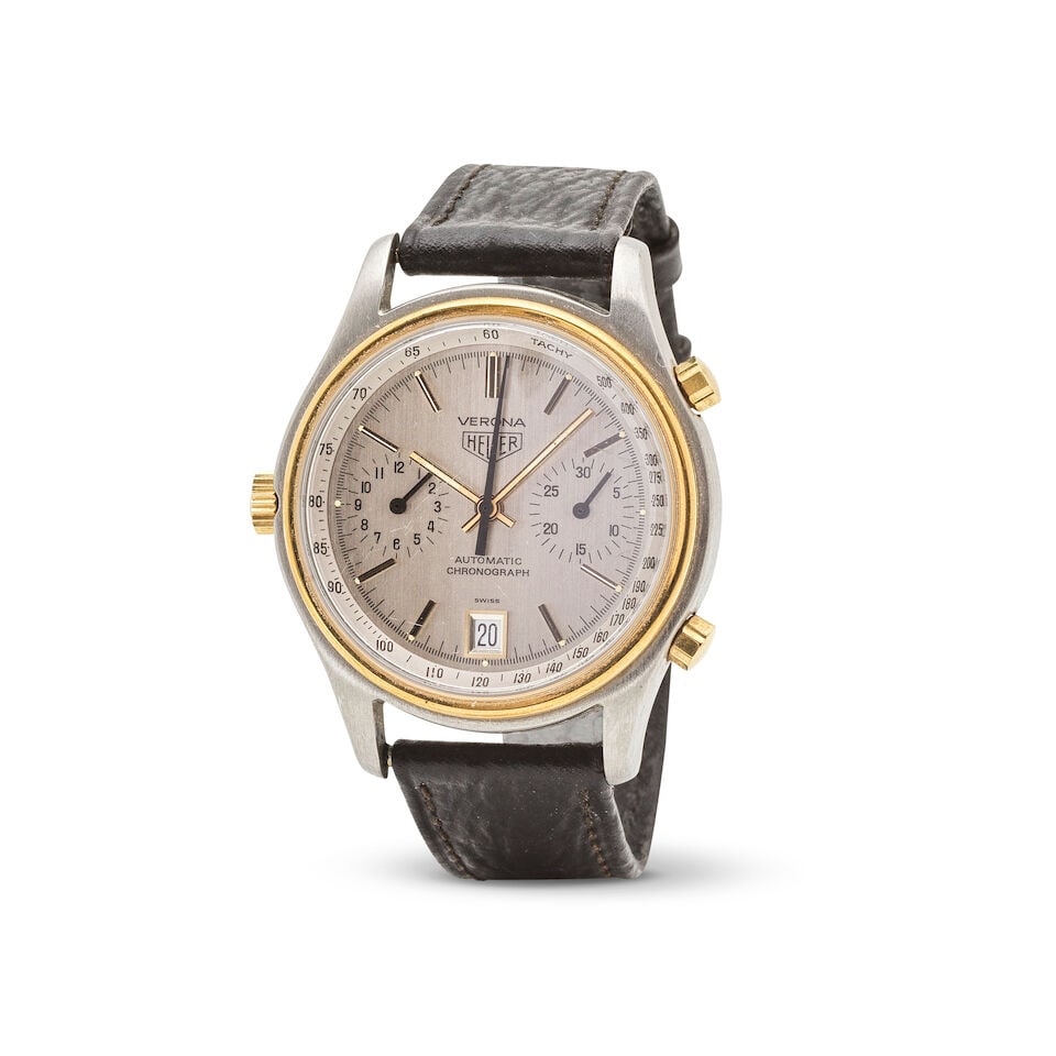 Heuer. A stainless steel and gold plated automatic calendar chronograph wristwatch Heuer. Chron...: Heuer. A stainless steel and gold plated automatic calendar chronograph wristwatch Heuer. Chronographe bracelet en acier et plaqué or avec date mouvement automatique Model: Verona Reference: 110.
