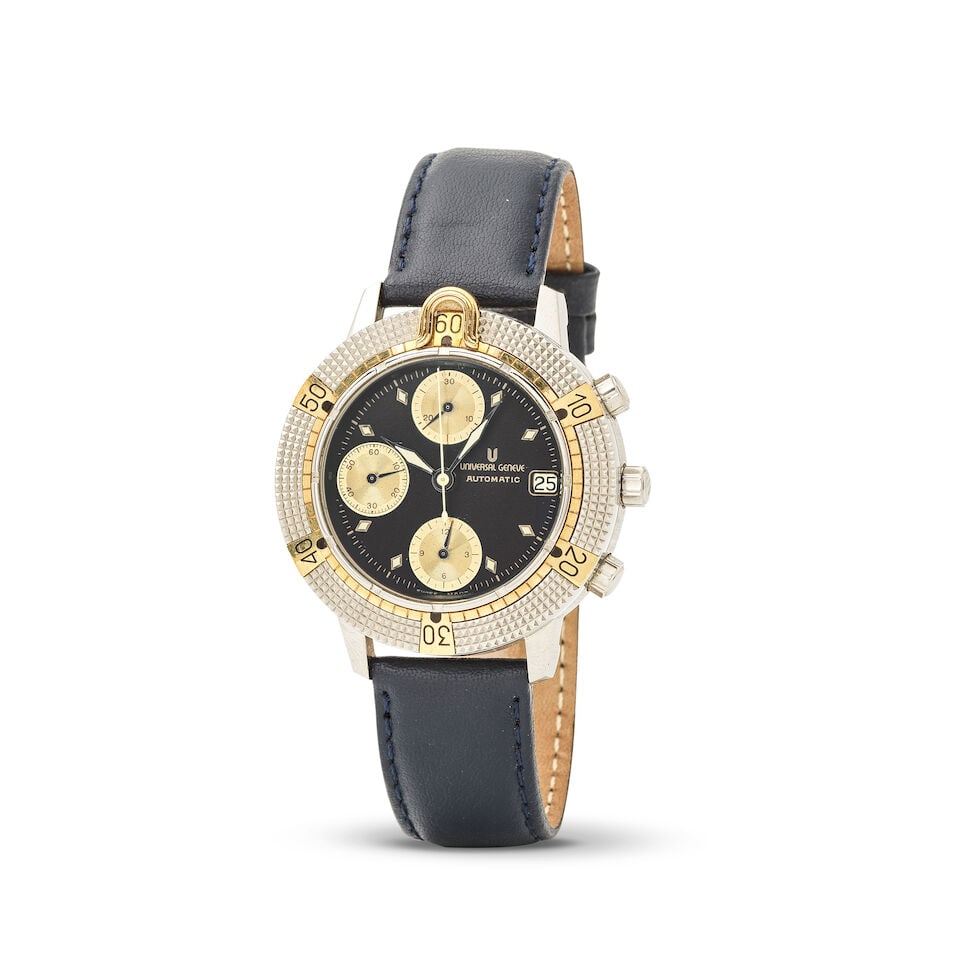 Universal Genève. A stainless steel and gold automatic chronograph wristwatch Universal Gen...: Universal Genève. A stainless steel and gold automatic chronograph wristwatch Universal Genève. Chronographe bracelet en or jaune 18K (750) et acier avec date mouvement automatique Model: