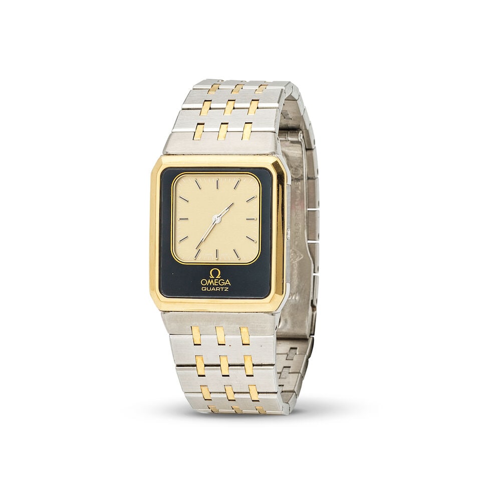 Omega. A steel and gold plated quartz chronograph bracelet watch with LCD display Omega. Montre ...: Omega. A steel and gold plated quartz chronograph bracelet watch with LCD display Omega. Montre bracelet en acier et plaqué or mouvement quartz Model: Equinoxe Reference: 186.0013 Date: Circa