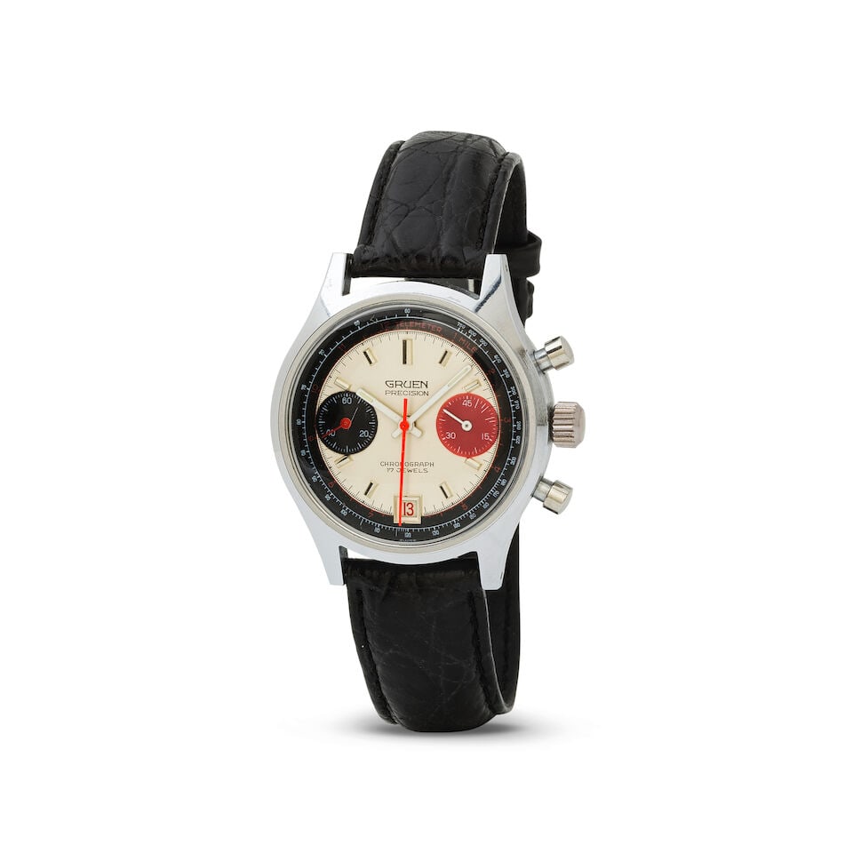Gruen. A chrome finished and stainless steel manual wind calendar chronograph wristwatch Gruen. ...: Gruen. A chrome finished and stainless steel manual wind calendar chronograph wristwatch Gruen. Chronographe bracelet en acier et plaqué chrome avec date mouvement mécanique Date: Circa 1970