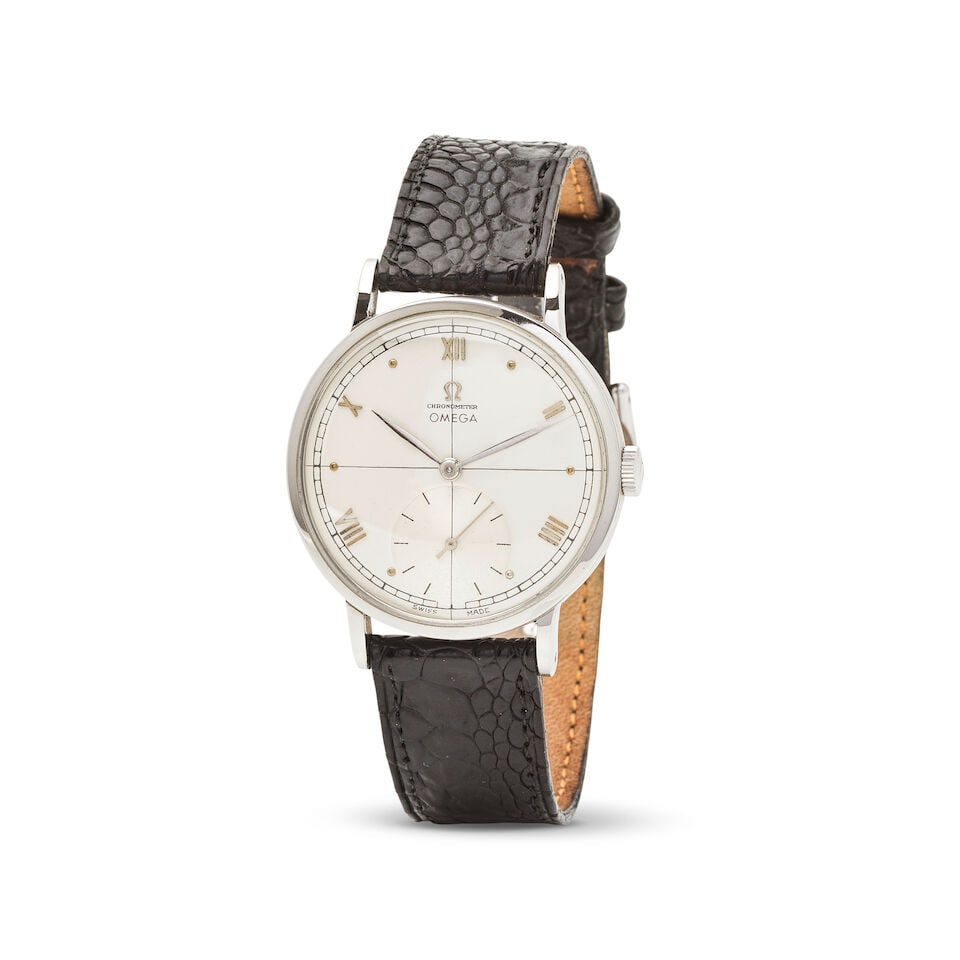 Omega. A stainless steel manual wind wristwatch Omega. Montre bracelet en acier mouvement mé...: Omega. A stainless steel manual wind wristwatch Omega. Montre bracelet en acier mouvement mécanique Reference: 2366 Date: Circa 1945 Movement: 16-jewel Cal.30T2 Rg manual wind, No.10332556 Dial: