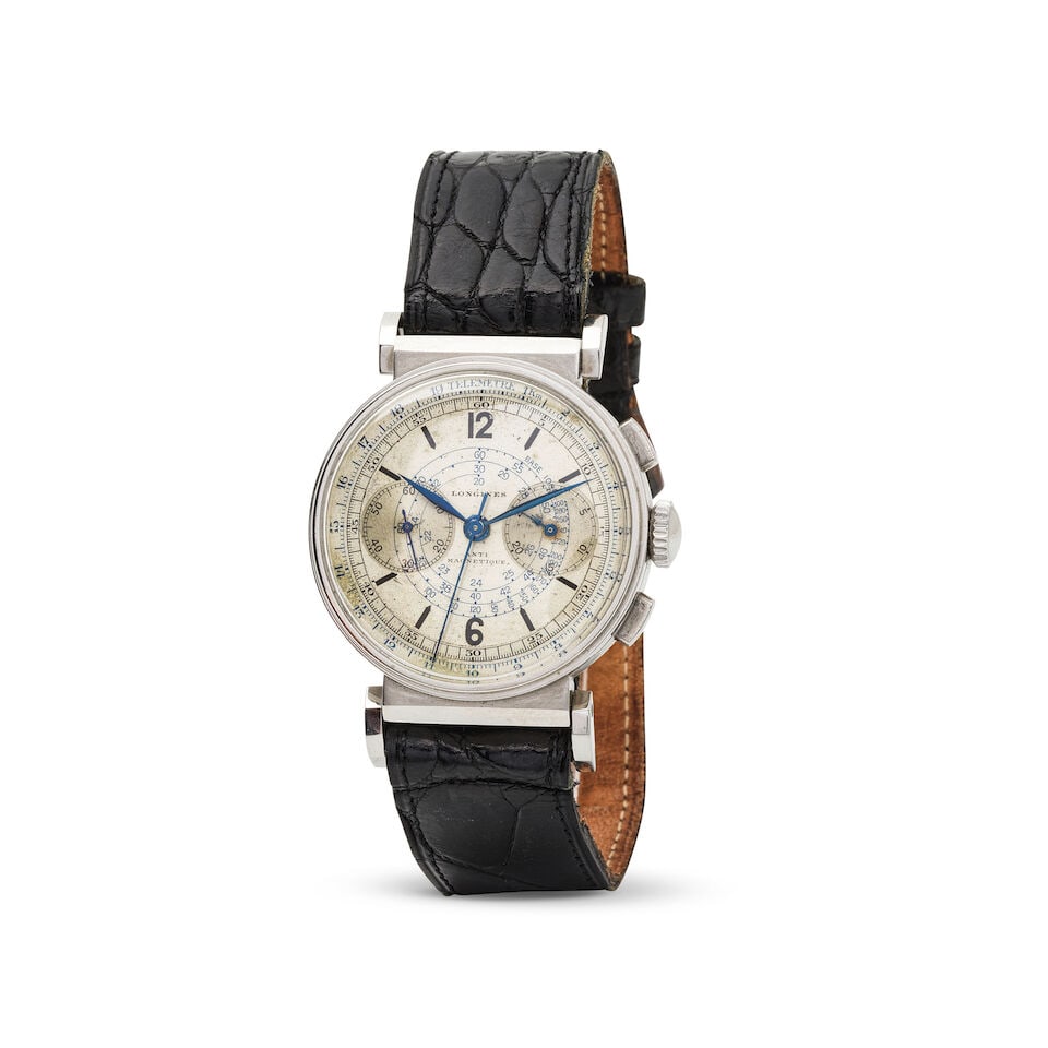 Longines. A staybrite an steel manual wind flyback chronograph wristwatch Longines. Chronographe...: Longines. A staybrite an steel manual wind flyback chronograph wristwatch Longines. Chronographe bracelet en acier et staybrite avec fonction retour en vol mouvement mécanique Date: Circa 1936 Mo