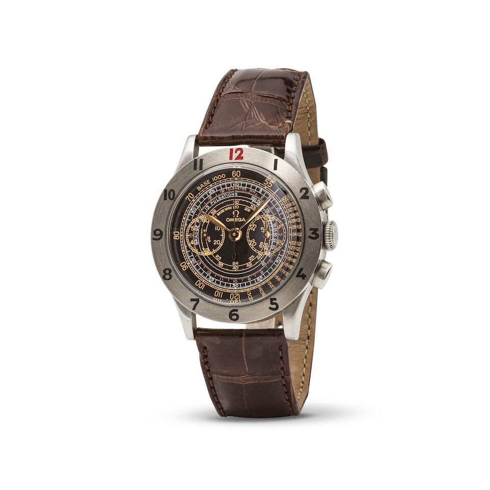 Omega. A stainless steel manual wind chronograph wristwatch Omega. Chronographe bracelet en aci...: Omega. A stainless steel manual wind chronograph wristwatch Omega. Chronographe bracelet en acier mouvement mécanique Model: Museum Collection Officer's Watch 1945 Reference: 145.2002, Limited Ed