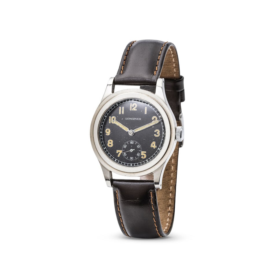 Longines A steel military style manual wind wristwatch Longines. Montre bracelet de style milita...: Longines A steel military style manual wind wristwatch Longines. Montre bracelet de style militaire en métal mouvement mécanique Date: Circa 1940 Movement: 17-jewel Cal.12.68Z manual wind,