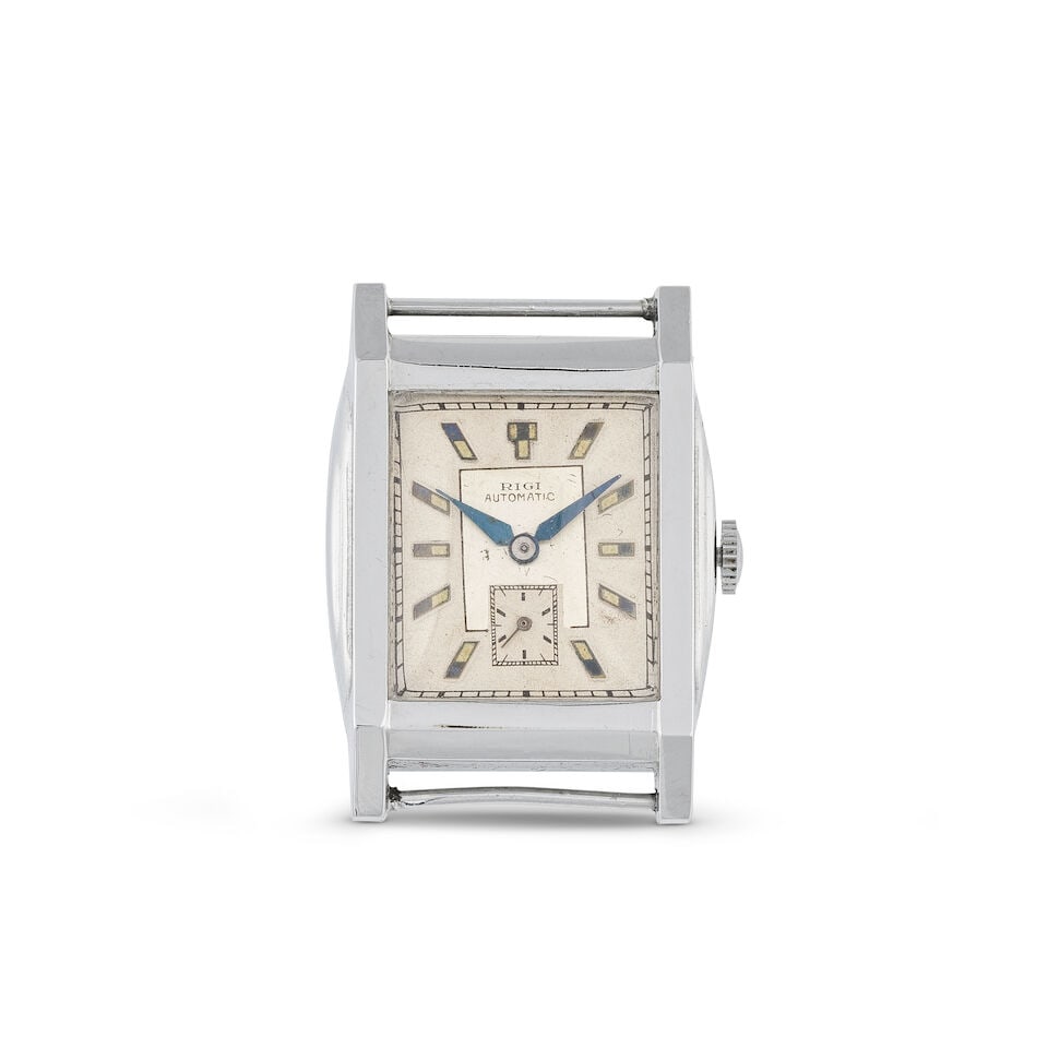 Rigi. A chrome plated automatic wristwatch Rigi. Montre bracelet en plaqué chrome mouvement...: Rigi. A chrome plated automatic wristwatch Rigi. Montre bracelet en plaqué chrome mouvement automatique Date: Circa 1950 Movement: Jewelled bumper automatic Dial: Silvered, signed Case: Polished