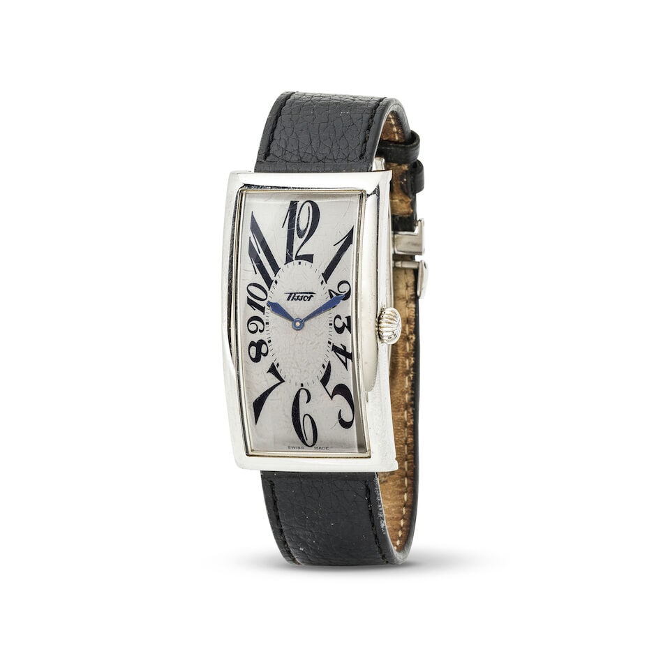 Tissot. A stainless steel quartz rectangular wristwatch Tissot. Montre bracelet rectangulaire en...: Tissot. A stainless steel quartz rectangular wristwatch Tissot. Montre bracelet rectangulaire en acier mouvement quartz Model: Heritage Banana Centenary Edition Reference: T117.509.16.032.00 Date: