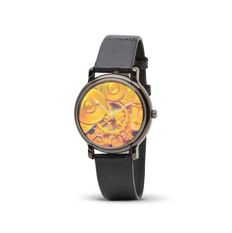 Holo Watch. A black brass and steel quartz wristwatch with hologram dial Holo Watch. Montre brac...: Holo Watch. A black brass and steel quartz wristwatch with hologram dial Holo Watch. Montre bracelet en laiton noirci et acier avec cadran hologramme mouvement quartz Date: Circa 1990 Movement: No