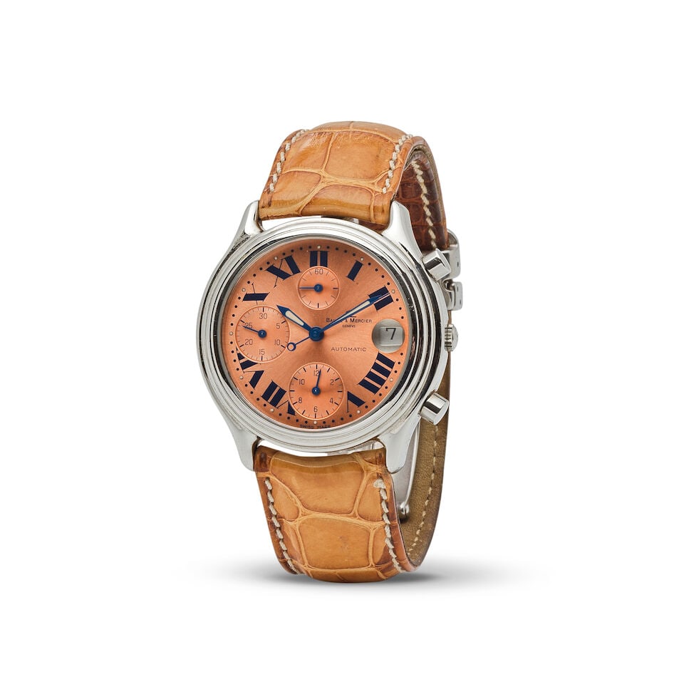 Baume & Mercier. A stainless steel automatic calendar chronograph wristwatch Baume & Mercier. Ch...: Baume & Mercier. A stainless steel automatic calendar chronograph wristwatch Baume & Mercier. Chronographe bracelet en acier avec date mouvement automatique Model: Baumatic chronograph Reference: