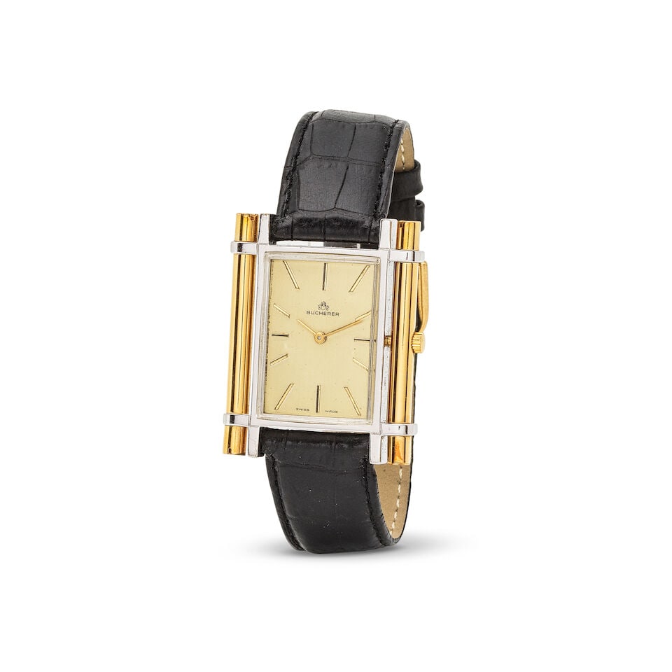 Bucherer. A steel, chrome and gold plated manual wind rectangular wristwatch Bucherer. Montre br...: Bucherer. A steel, chrome and gold plated manual wind rectangular wristwatch Bucherer. Montre bracelet rectangulaire en acier, chrome et plaqué or mouvement mécanique Date: Circa 1990 Moveme